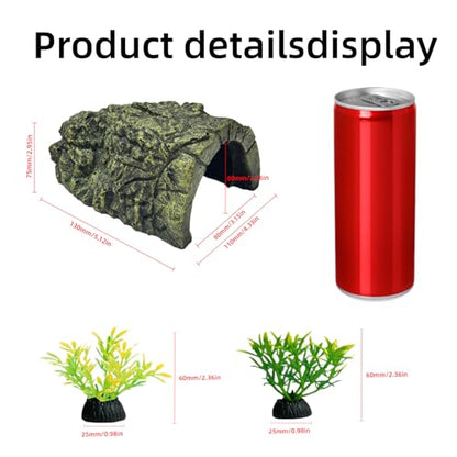 Axolotl Tank Accessories, Aquarium Decor Set with 1 Resin Simulation Rock Cave Hideout and 2 Plastic Artificial Plants, Fish Tank Decorations, Axolotl Tank Decor