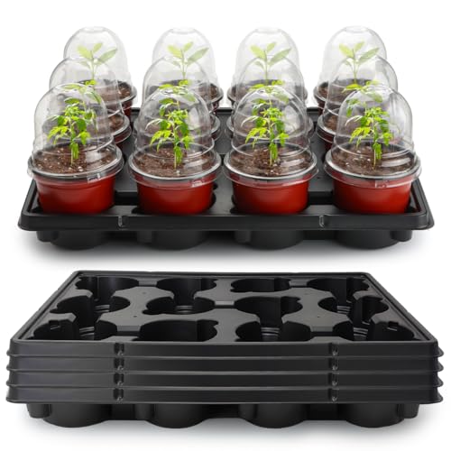 RooTrimmer 4 Inch 60 Pack Nursery Pots with Humidity Domes & 5 Pack 12 Cell Round Seedling Pot Carrying Trays, Sturdy Seeds Starter Pot Germination Set, Small Planter Nursery Propagation 5 Sets - color: Red + Black + Clear, size: 4 Inch 60 Pack Pots With