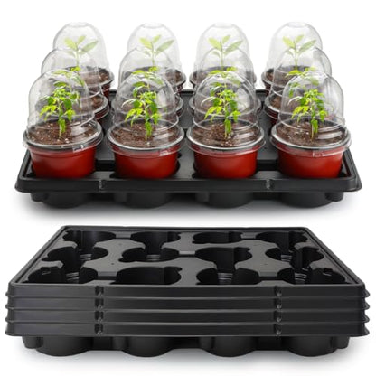 RooTrimmer 4 Inch 60 Pack Nursery Pots with Humidity Domes & 5 Pack 12 Cell Round Seedling Pot Carrying Trays, Sturdy Seeds Starter Pot Germination Set, Small Planter Nursery Propagation 5 Sets - color: Red + Black + Clear, size: 4 Inch 60 Pack Pots With