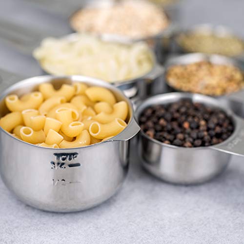 7-Piece 18/8 Stainless Steel Measuring Cups Set, Silver | Includes 1/16, 1/4, 1/3, 1/2, 2/3, 3/4 and 1 Cup, Engraved US and Metric Markings, Pour Spouts and Ring Connector - color: Silver, size: 7 Piece