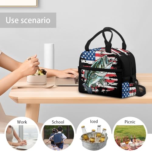 Kids Lunch Bag American Flag Fishing Print: Insulated Interior Fits Sandwich + Fruit + Water Bottle - Keeps Fresh - Ideal for Independence Day Picnic, Boat Trip & Fishing Adventure - color: American Flag Fishing Print