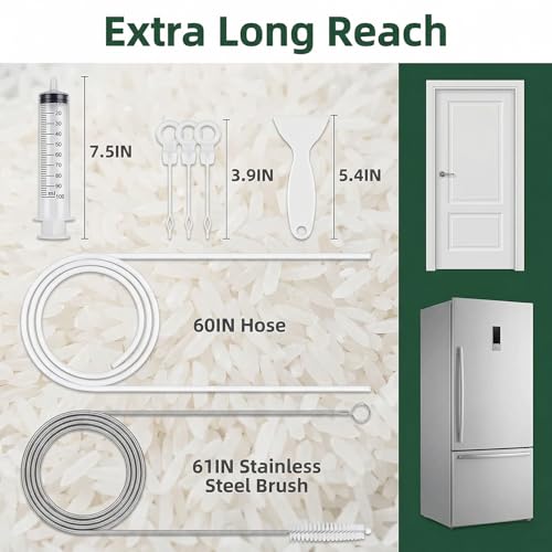 7-Piece Refrigerator Drain Hole Cleaner Kit, 60in Flexible Fridge Drain Cleaning Brush & Hose Set with Syringe, Plungers and Shovel for Unclogging Fridge Water Line & Dispenser