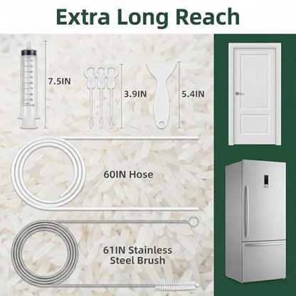 7-Piece Refrigerator Drain Hole Cleaner Kit, 60in Flexible Fridge Drain Cleaning Brush & Hose Set with Syringe, Plungers and Shovel for Unclogging Fridge Water Line & Dispenser
