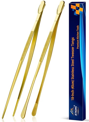 JETKONG 2 Pcs 18 Inch (45cm) Stainless Steel Grill Tongs Heavy Duty Giant Tweezer Tongs, Extra Large Tweezers Tools for Cooking, Grilling, BBQ and Turning Food (Gold) - color: Gold, size: 18+18 Inch