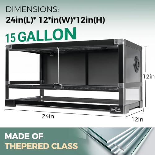 15 Gallon Full Glass Reptile Tank, Quick Fold Reptiles Enclosure with Waterproof Base, Top Screen Ventilation, 24" x 12" x 12" Front Opening Terrarium for Gecko, Lizard, Hermit Crab, Frog - size: 24" x 12" x 12"