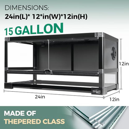 15 Gallon Full Glass Reptile Tank, Quick Fold Reptiles Enclosure with Waterproof Base, Top Screen Ventilation, 24" x 12" x 12" Front Opening Terrarium for Gecko, Lizard, Hermit Crab, Frog - size: 24" x 12" x 12"