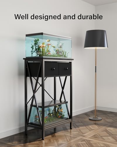 Fish Tank Stand with Drawer, 5-10 Gallon Aquarium Stand Easy Assemble | Stable Metal Frame, 2-Tier Breeder Reptile Turtle Terrarium Table Fits Office Home, 19.4"x11" MDF Tabletop, 220 lbs Capacity - color: Black, size: 5-10 Gallon
