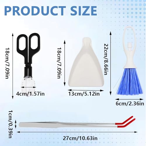 Mini Dustpan and Brush Set, Reptile Scoop Feeding Tool, Stainless Steel Straight & Curved Tweezers for Small Animals – Hamsters, Hedgehogs, Rats, Guinea Pigs, Lizards, Reptiles (Black)