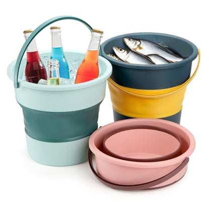 Noamus 3 Pack 2.6 Gallon Collapsible Plastic Bucket, 10L Foldable Round Tub with Handle, Folding Portable Fishing Water Pail, Space Saving Outdoor Waterpot for Garden Camping Car Mop Cleaning Beach