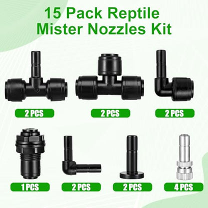 15 Pack Four-Head 1/4 Reptile Mister Nozzles Kit,Reptile Misting | 1/4"Reptile Misting System Fittings,360 Degree Adjustable Misting Spray Nozzles for Aquarium,Vivarium,Plants, Amphibians - size: Four-Head