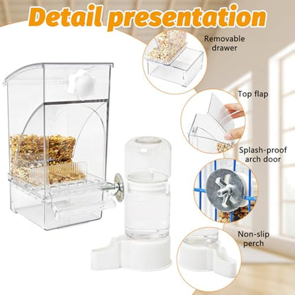 BNOSDM No Mess Bird Feeder Water Dispenser Set Automatic Parrot Feeder Drinker Transparent Food Container 3 Pcs Parakeet Cage Accessories for Cockatiel, Budgies, Conure, Lovebird, Finch (Transparent) - color: Transparent + 2 Pcs Bird Water Dispenser Set