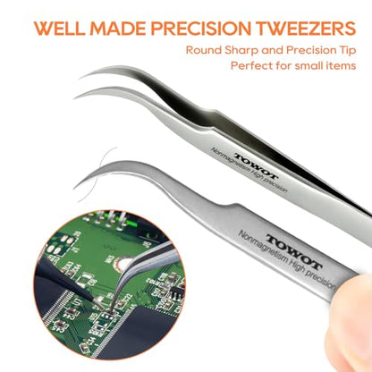 TOWOT Precision Tweezers, Stainless Steel Eagle Beak Tweezers for Craft, Electronics, Soldering, Experimental Work, Jewelry-Making, Non-Magnetic Curved Tweezers - size: 116mm