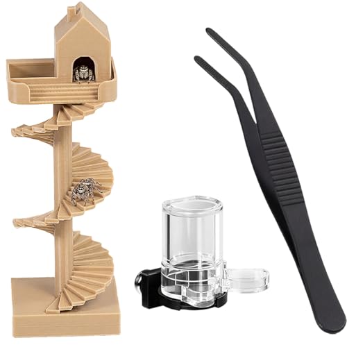 3Pcs Jumping Spider Enclosure Accessories Mini Spider House with Spiral Stair Feeding Dish Water Dispenser and Feeding Tongs Jumping Spider Hide Decor for Spider Enclosure Terrarium Habitat Kit