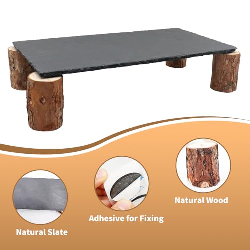 Bearded Dragon Basking Platform, Slate Rocks for Reptiles with Wooden Pile, Leopard Gecko Hides and Caves, Reptile Tank Accessories for Bearded Dragons, Geckos, Ball Pythons, Tortoise (Black, Large) - size: Large