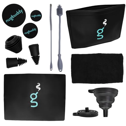 nugbuddy Glass Cleaning Kit - Reusable Silicone Accessories - Complete Kit to Clean your Piece, Just Add Cleaner - Reusable Soaker Bag, Brushes, Mat, Caps & Plugs, Funnel, & Microfiber Towel - color: Black