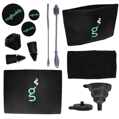 nugbuddy Glass Cleaning Kit - Reusable Silicone Accessories - Complete Kit to Clean your Piece, Just Add Cleaner - Reusable Soaker Bag, Brushes, Mat, Caps & Plugs, Funnel, & Microfiber Towel - color: Black