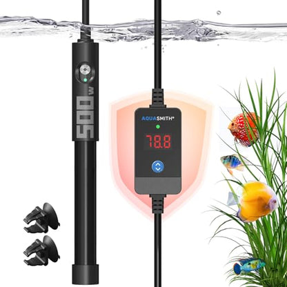 AQUASMITH 500W Aquarium Heater Precise Control Fast Heat Auto Off Anti Dry Burn 40-48Gal Tank | External LED precise temp control, fully submersible installation, explosion-proof tube for fresh & salt water - size: XXL