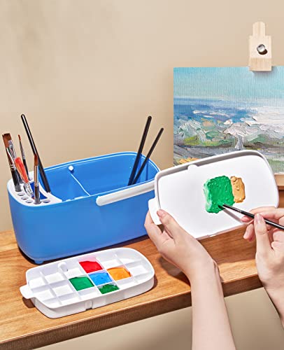 GAMENOTE Paint Brush Cleaner, Paint Brush Holder and Palette, Blue | All-in-one painting station washes and rests brushes, mixes colors, and stores paint in 18 wells with a portable handle. - color: Blue