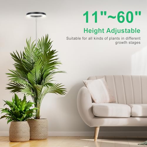 LORDEM Black Full Spectrum LED Grow Light, 72 LEDs, 4 Brightness Settings, Auto On/Off Timer, Height Adjustable, Ideal for Large Plants | 72 LEDs Plant Light, Auto Timer 4/8/12H, 4 Dimmable Levels, Height Adjustable 9.8-65 inch, Ideal for Tall Houseplants
