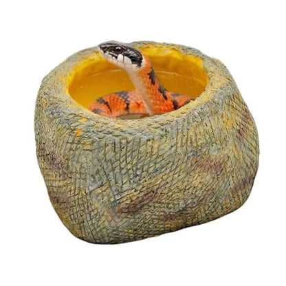 Resin Reptile Feeding Water Bowl with Wide Non-Slip Base | for Bearded Dragons, Gecko & Frog Compatible, Soaking & Drinking, Natural Rock Texture, Cage Decor