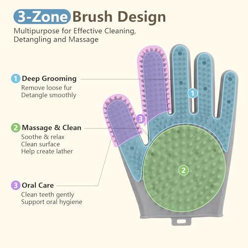 Pet Grooming Gloves for Cats & Dogs, Silicone Pet Hair Removal Glove for Bathing, Shedding & Massage, Gentle Cat & Dog Grooming Glove for Long & Short Hair Pets（Grey-Medium） - size: Medium（1pair）