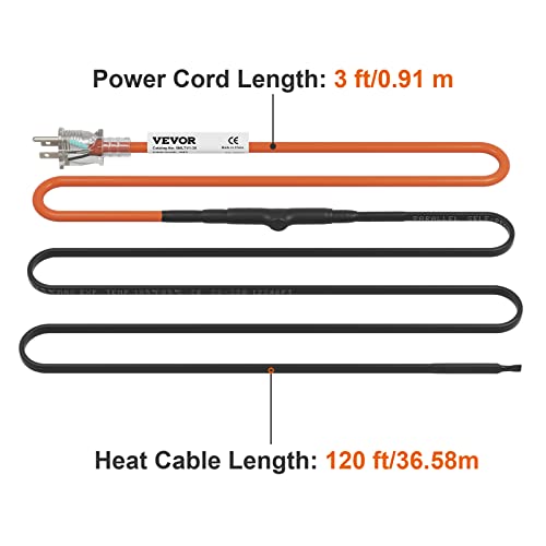 VEVOR Self-Regulating Pipe Heating Cable, 120-feet 5W/ft Heat Tape for Pipes Freeze Protection, Protects PVC Hose, Metal and Plastic Pipe from Freezing, 120V - size: 120 Feet