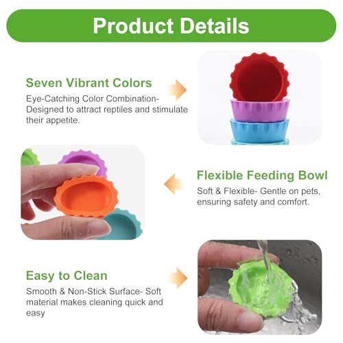 Reusable Small Reptile Food Dish, Crested Gecko Food and Water Feeding Cups, Easy Clean Silicone Small Capacity Worm Bowl, Gecko Tank Accessories (14 Pack, 7 Colors)