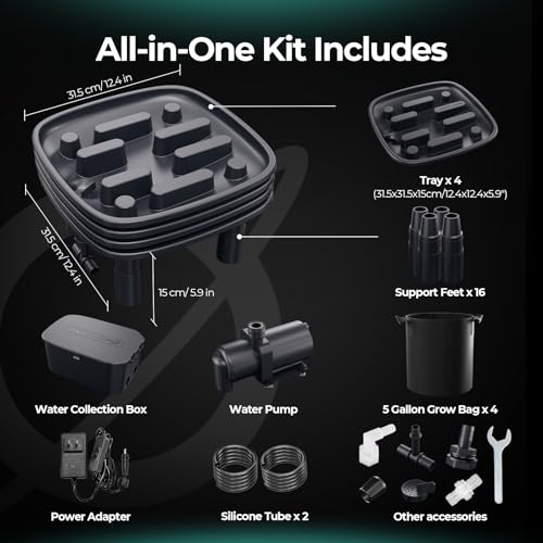 MARS HYDRO Auto Drainage System with Water Pump for Indoor Plants Grow Tent | Plant Drainage Saucers with 4 Elevated Runoff Trays & 4-Pack 5 Gallon Grow Bags for Growbox - size: 4PC