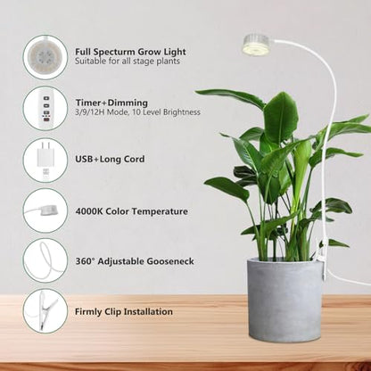 Shyineyou Small Grow Lights for Indoor Plants Full Spectrum,Plant Lights for Indoor Growing, Clip on Plant Grow Light with 3/9/12H Timer for Succulents,Small Plants, 2-Pack - size: 2P