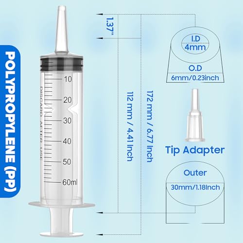 60ml/cc Syringes with Tube 40 Inch Handy Plastic Tubing and Adapter Tip | for Liquid, Refilling Measuring, Dispensing Watering, Plant Irrigation, Feeding Pets, Oil or Glue Applicator - size: 60ML/CC