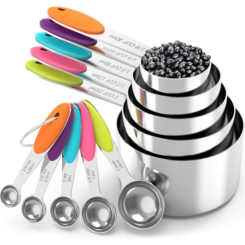 Nesting Measuring Cups and Spoons Set, Stainless Steel with Soft Silicone Handle – Heavy Duty & Dishwasher Safe for Measuring Dry/Liquid Ingredients, Ideal for Cooking & Baking (10)