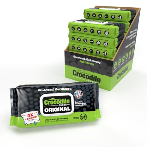 Crocodile Cloth Original Heavy-Duty Hand & Tool Wipes, 12 Packs, 600 Count | Multi-Surface, Water-Based, Safe on Skin, 15" x 10"