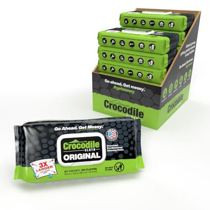 Crocodile Cloth Original Heavy-Duty Hand & Tool Wipes, 12 Packs, 600 Count | Multi-Surface, Water-Based, Safe on Skin, 15" x 10"