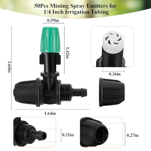 50Pcs Micro Misting Spray Emitters for 1/4 Inch Irrigation Tubing | Adjustable Locked Tee Atomizing Nozzle Irrigation Misting Nozzle Drip Sprinkler Emitters Parts for Garden Watering System - color: Tee Spray