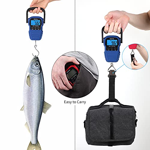 HEETA Fish Scale Digital Fishing Luggage Weight Scale with Measuring Tape | Up 110lb/50kg Portable Hanging Scale with Backlit LCD Display for Home Farm Outdoor Hunting Fishing, 2 AAA Batteries Included - color: Blue