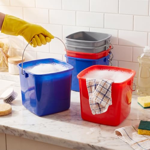 Zhehao 6 Pcs 3 Quart Bucket for Cleaning Small Sanitizer Bucket for Restaurant Square Plastic Pail with Handles for Home, Offices, Commercial Use, Food Service (Red,Dark Blue,Gray) - color: Red,dark Blue,gray