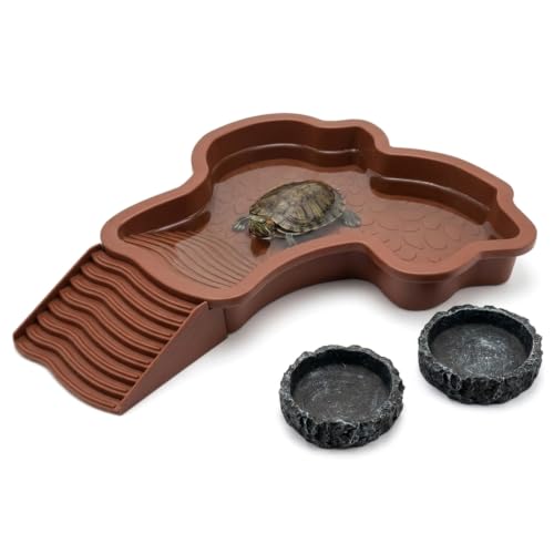 Extra Large Reptile Water Bowl with Ramp and 2 Feeding Dishes Set | Reptile Bathing Pool with Food & Water Bowls for Turtles, Tortoises, Lizards, Geckos, Bearded Dragons and Other Small Pets