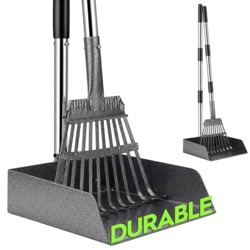 Long Handle Dog Pooper Scooper with Extension & Spare Poles, Stainless Steel Rustproof for Large Medium Dogs Yard Lawn | Ergonomic height adjustment, Four optional configurations, fits various grounds, easy to clean, free gloves & hook - size: Large 2‑Pc