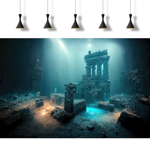 Fantasy Lost Underwater City Aquarium Background Misty Ancient Temple Stone Columns Fish Tank Background Under Water Magical Foggy Ruined Atlantis Buildings Reptile Tank Enclosure Backgrounds 48x20in - color: Light Blue, size: 48(W)x20(H)inches/ 120(W)*50
