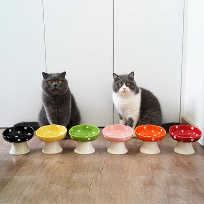4PCS Multi-Color Mushroom Cat Bowl Set, Elevated Ceramic Bowls for Cats | Multi-Color, Cute, Elevated, Ceramic, Whisker Friendly, Anti Vomiting - color: Pink+Red+Yellow+Green