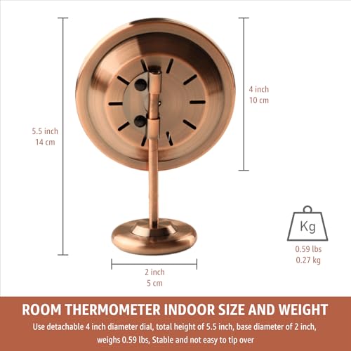 4" Indoor Thermometer & Humidity Gauge, Brass Dial with Stand | Room Analog Temperature & Humidity Monitor, Dual Scale Display, Battery-Free For House Home Desk Bedroom Garage RV