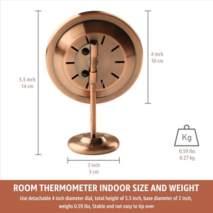 4" Indoor Thermometer & Humidity Gauge, Brass Dial with Stand | Room Analog Temperature & Humidity Monitor, Dual Scale Display, Battery-Free For House Home Desk Bedroom Garage RV