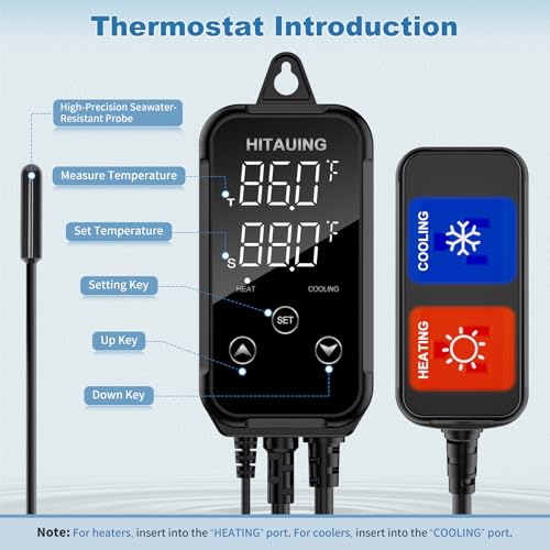 HiTauing Digital Temperature Controller, Aquarium Heater Reptile Thermostat Heating and Cooling Dual Outlet with Seawater-Resistant Probe for Fish Tanks, Reptile Tanks, Greenhouse & Seedling Mat