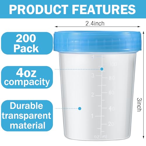 Geiserailie 200 Pcs Disposable Specimen Cup Urine Pee Cups for Testing 4oz Specimen Container with Leak Proof Screw on Lids for Safe Urinalysis Pee Stool Sample Collection Analysis (Blue) - color: Blue