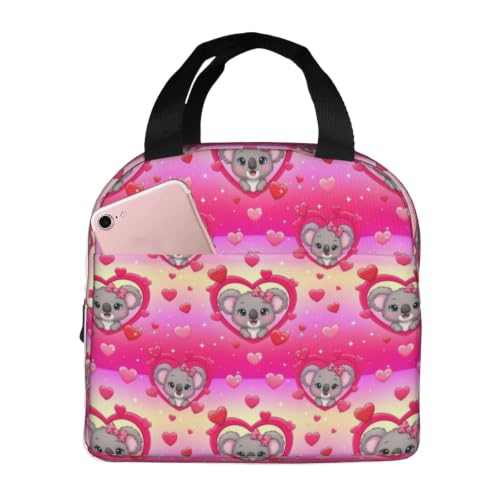 Men Koala Heart Print Insulated Lunch Tote Thermal | Koala Pink Heart, Oxford Insulated Lunch Bag, Adjustable Strap, Large Capacity for Outdoor & Camping - color: Pattern (843)