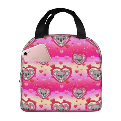 Men Koala Heart Print Insulated Lunch Tote Thermal | Koala Pink Heart, Oxford Insulated Lunch Bag, Adjustable Strap, Large Capacity for Outdoor & Camping - color: Pattern (843)