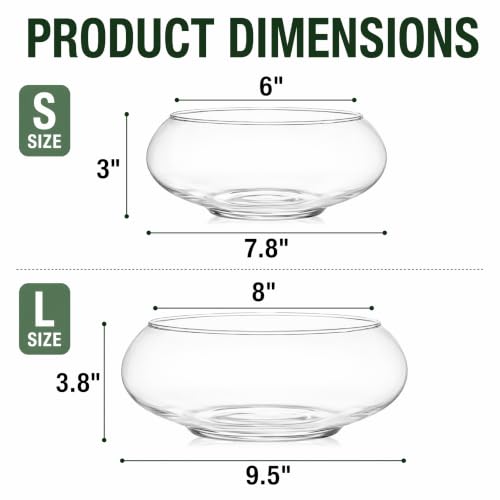 2 Pack Glass Vase Bowl, 6"/ 8" Wide Mouth Flower Vase Round Terrarium, Glass Hydroponic Planter Floral Container Clear Fish Bowl for Table Centerpiece, Wedding Event, Home Decoration