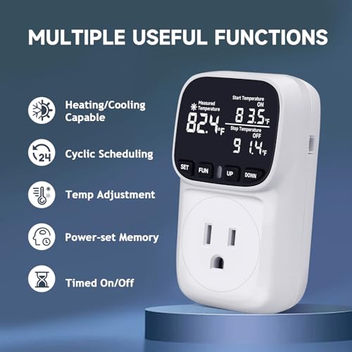 Temperature Controlled Outlet with 16.4ft & 6.5ft 2 Probes, Reptile Thermostat 15A 1800W Digital Thermostat, Heating Cooling Timer with Cyclic Timing/Countdown, -40℉~210℉ for Reptile Incubator - color: White