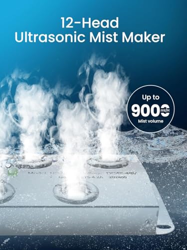12 Head Ultrasonic Mist Maker, 9000ml/H Ultrasonic Fogger, Pond Fogger with Float Buoy, IP67 Waterproof Mist Maker for Pond, Greenhouse, Water Fountain, Garden and Halloween Decoration
