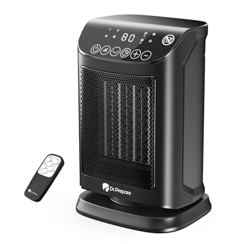 DR.PREPARE 1500W Small Space Heater for Indoor Use, Portable PTC Ceramic Electric Heater with Thermostat, Oscillation, Remote, 12H Timer, 3 Heat Modes + Fan + ECO Mode, Safe Heater for Office Bedroom - size: 9.7''H/ 70° Auto Oscillation